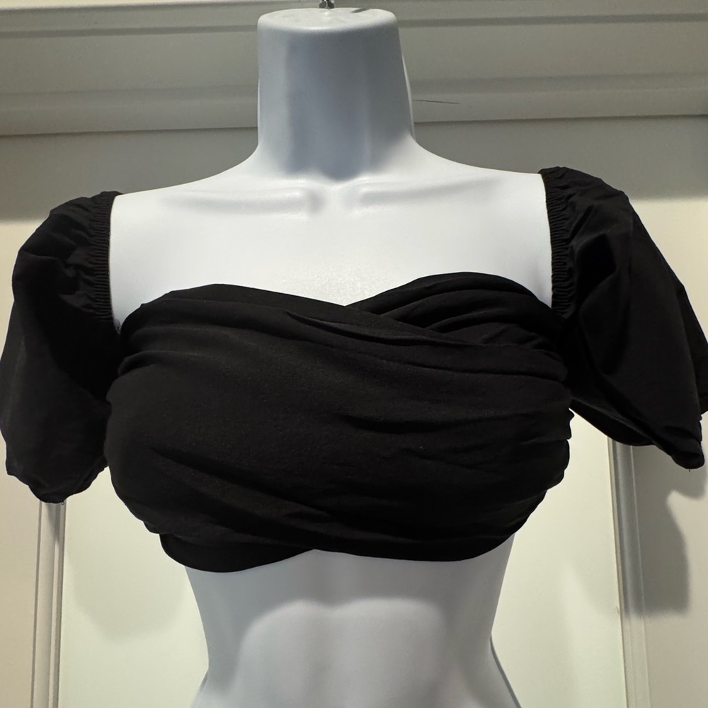 Blue Blush Whimisigoth Black Women's Bandeau Top Size S Puff Sleeves Indie Boho